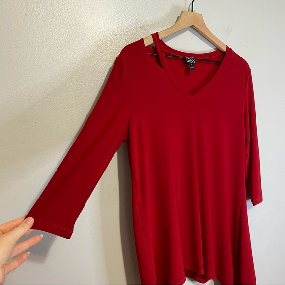 Clara Sun Woo S Tunic Cut Out Red Top Asymmetrical Shirt Blouse Stretch - Picture 3 of 7